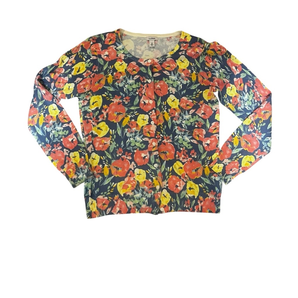 L.L.Bean Floral Poppy Cardigan | Vintage-Inspired Romantic Cottagecore Knit | M